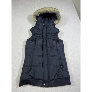 Burton Women Small Black Zip Front Hooded Vest Faux Fur Trim Lightweight Winter